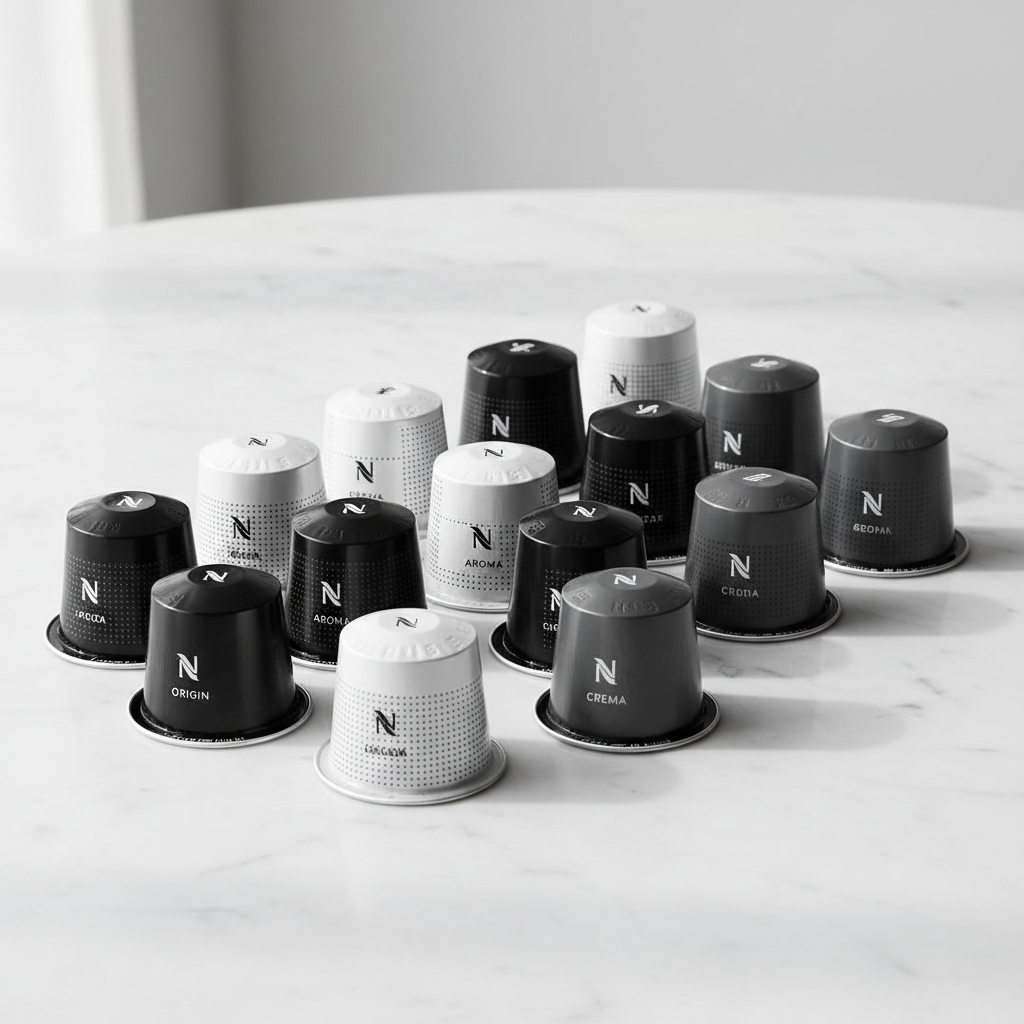 Nespresso compatible coffee pods in minimalist monochrome packaging